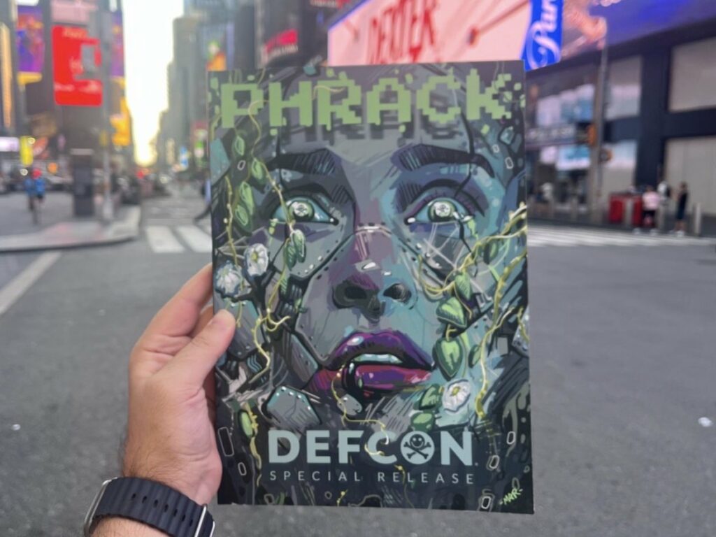 Phrack, DEF CON special release, in Times Square.